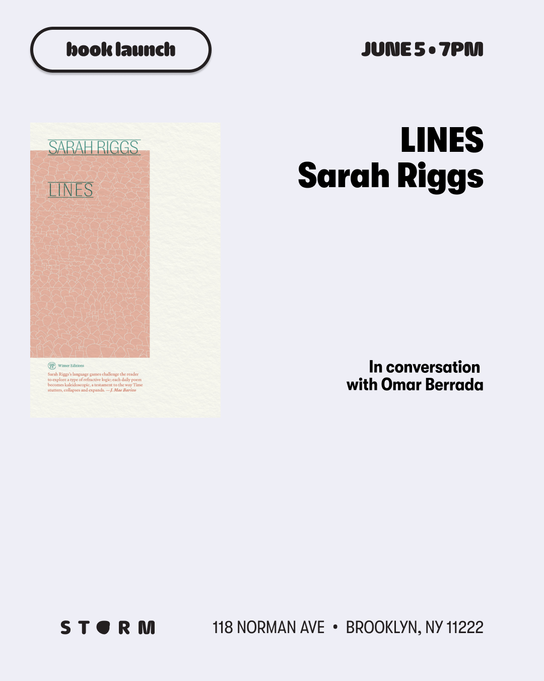 JUNE 5 • BOOK LAUNCH Lines by Sarah Riggs