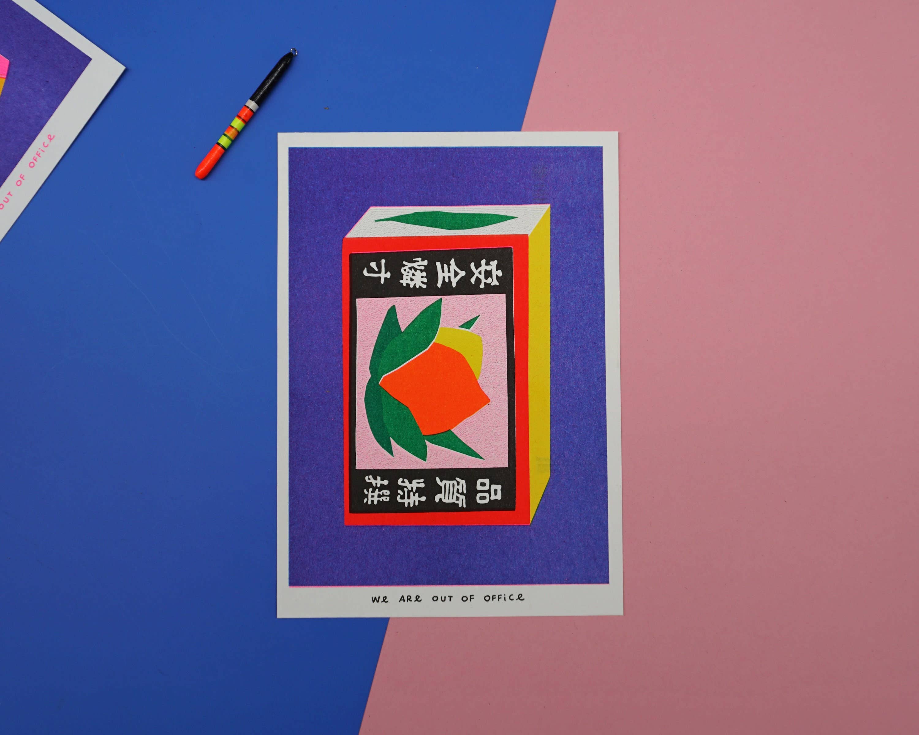 A risograph print of a Japanese matchstick box
