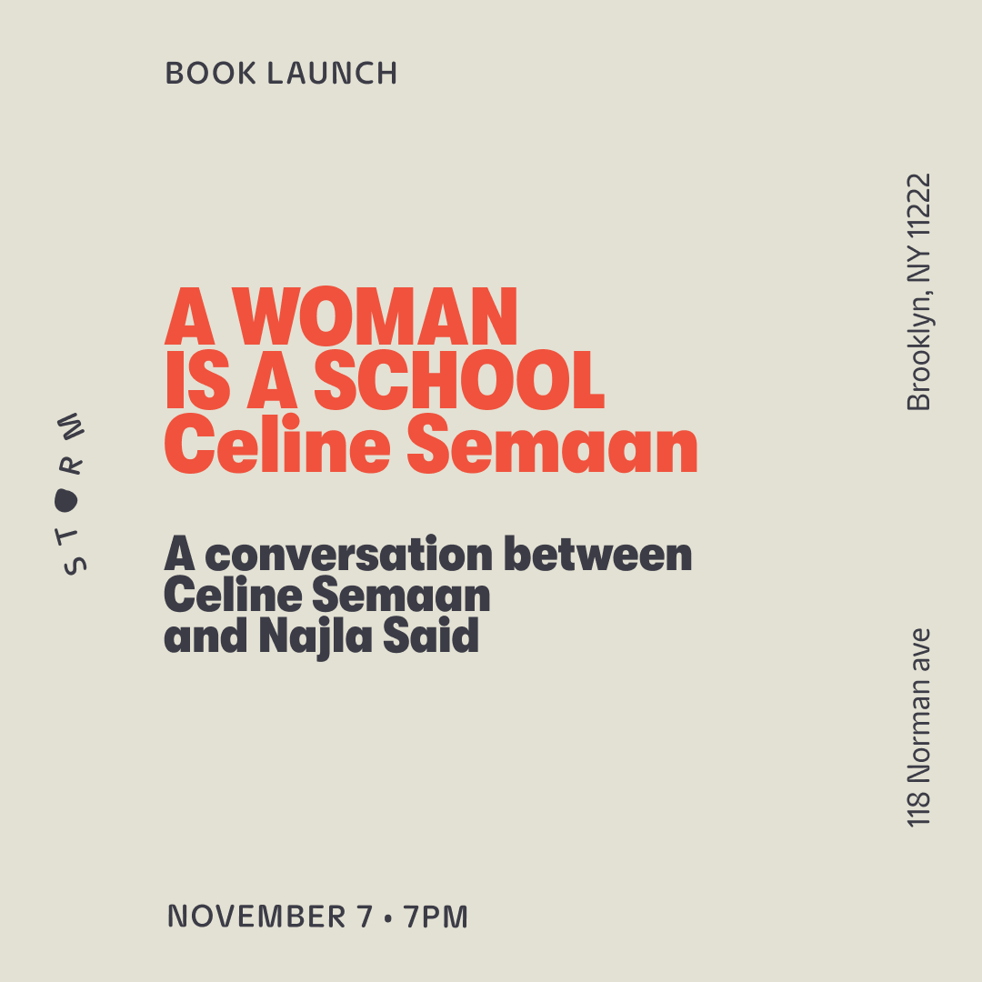 Nov 7 • book launch : A Woman is a school – Céline Semaan