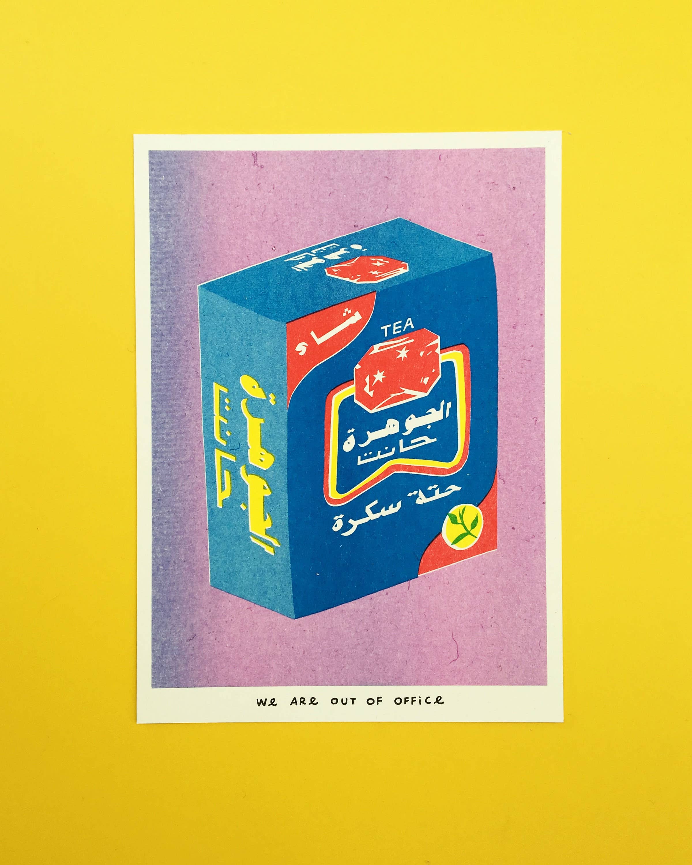 A risograph print of a box of sugarcane tea